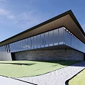 Modern Sales Office Building Exterior Design With Sloped Roof Large Glass Wall And Lawn Path