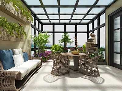 Cozy Roof Garden With Glass Roof Wicker Furniture Green Plants And Outdoor Dining Lounge 3d model