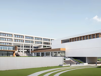 Modern School Building Exterior Featuring White Facade Large Windows And Curved Lawn Pathways 3d model