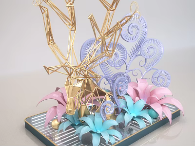 Handcrafted Decorative Sculpture With Golden Geometric Structure And Colorful Paper Flowers On Black Striped Tray 3d model