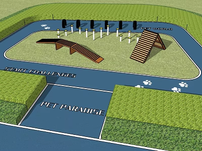 Pet Paradise Park Design Featuring Agility Ramps Jumping Poles And Grass Track 3d model