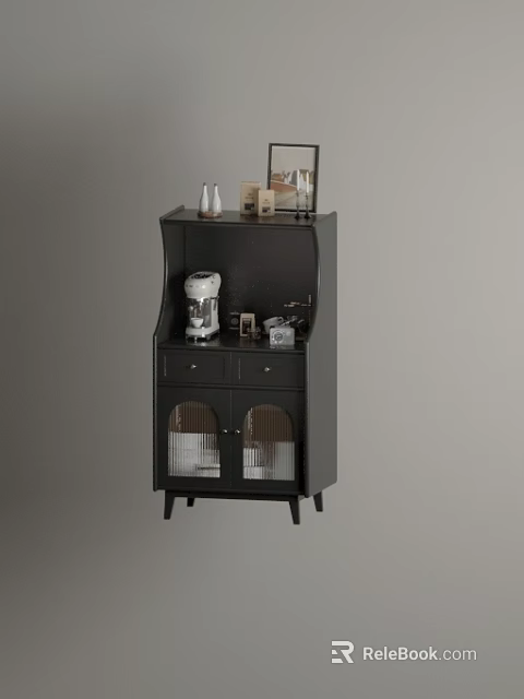 Black Sideboard Cabinet with Glass Doors and Decorative Items Including Coffee Machine on Top 3d model 