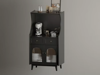 Black Sideboard Cabinet with Glass Doors and Decorative Items Including Coffee Machine on Top 3d model