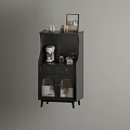 Black Sideboard Cabinet with Glass Doors and Decorative Items Including Coffee Machine on Top