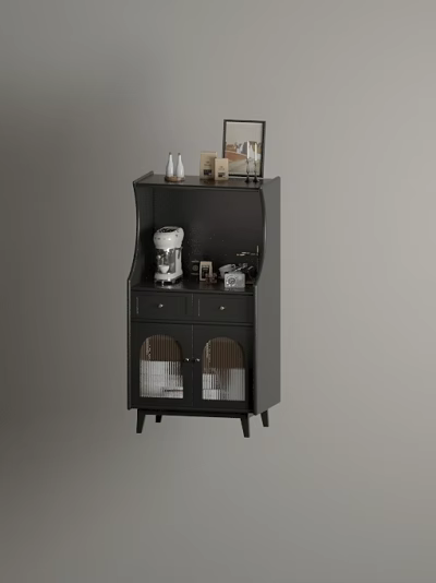 Black Sideboard Cabinet with Glass Doors and Decorative Items Including Coffee Machine on Top 3d model