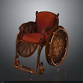 Classic Vintage Wooden Wheelchair With Red Seat And Ornate Carved Wheels