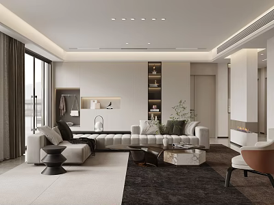 Modern Living and Dining Room Interior With Sofa Coffee Table Area Rug And Fireplace 3d model