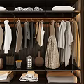 Modern Wardrobe Interior With Hanging Clothes Folded Garments Wooden Shelves And Decorative Plate