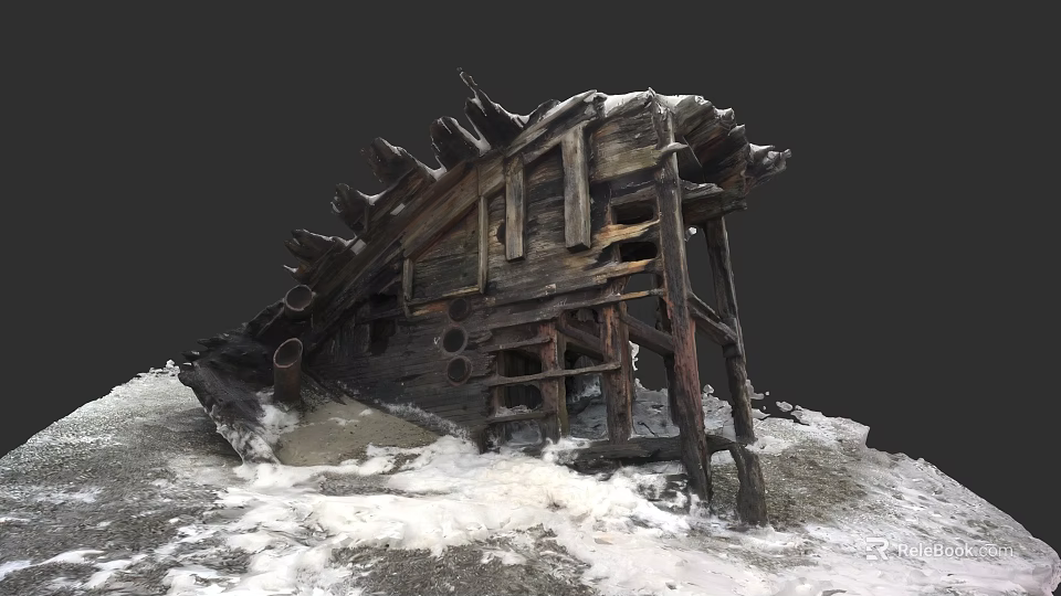 Wrecked Wooden Ship Remains With Snow Covered Structure In Deserted Area 3d model 