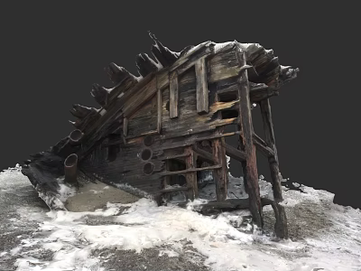 Wrecked Wooden Ship Remains With Snow Covered Structure In Deserted Area 3d model