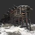 Wrecked Wooden Ship Remains With Snow Covered Structure In Deserted Area