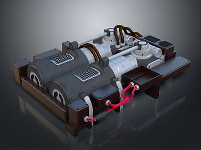Detailed Industrial Mechanical Structure Featuring Metal Pipes Red Cables And Base Frame 3d model