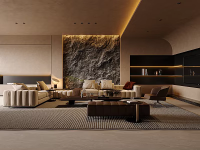Modern Warm Wabi Sabi Living Room With Natural Textured Stone Accent Wall And Cozy Sofas 3d model