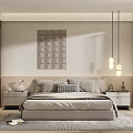 Modern Minimalist Bedroom Interior With Bedside Tables Decorative Painting Pendant Lights And Rug