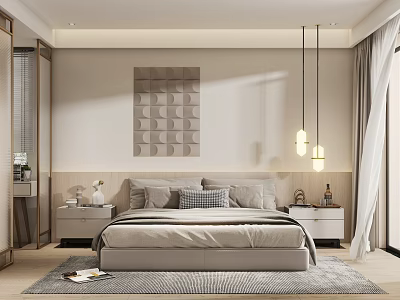 Modern Minimalist Bedroom Interior With Bedside Tables Decorative Painting Pendant Lights And Rug 3d model