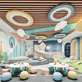Kindergarten Indoor Play Space Featuring Colorful Ball Pit Slide Small Round Tables Green Lawn And Decorative Ceiling