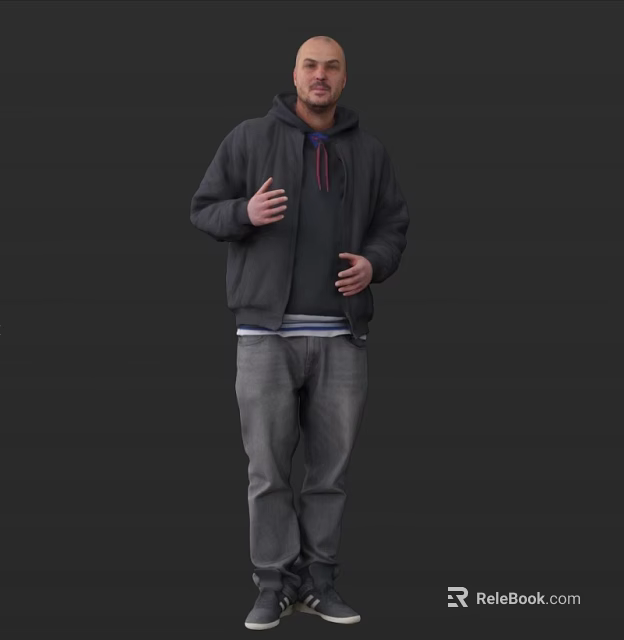 Man Wearing Black Hoodie And Jacket With Gray Jeans Standing Against Dark Background 3d model 