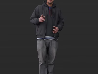 Man Wearing Black Hoodie And Jacket With Gray Jeans Standing Against Dark Background 3d model