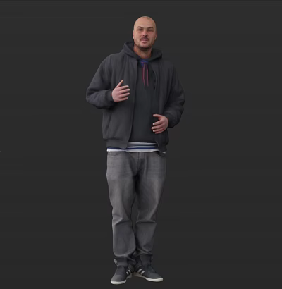 Man Wearing Black Hoodie And Jacket With Gray Jeans Standing Against Dark Background 3d model