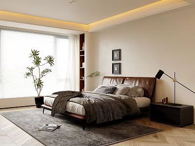 Modern Bedroom Interior With Leather Bed Window Blinds Green Plant And Area Rug 3d model