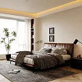 Modern Bedroom Interior With Leather Bed Window Blinds Green Plant And Area Rug