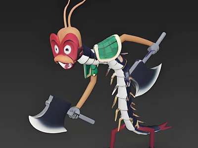 Cartoon Reptile Character With Red Head Green Carapace Holding Axes And Segmented Body 3d model