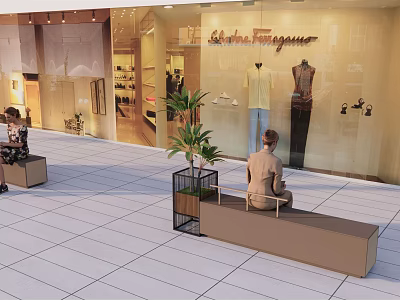 Landscape Bench In Pedestrian Plaza With Potted Plants And People Sitting 3d model