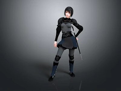 Warrior Woman In Dark Armor Standing With Sword And Mythical Creature 3d model