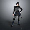 Warrior Woman In Dark Armor Standing With Sword And Mythical Creature