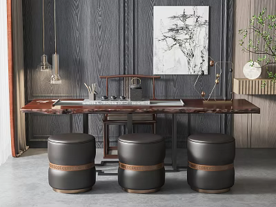 Traditional Chinese Wooden Tea Table with Stools and Tea Set in Oriental Interior 3d model