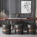 Traditional Chinese Wooden Tea Table with Stools and Tea Set in Oriental Interior