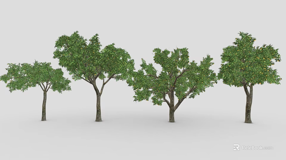 Varied Green Trees with Different Canopy Shapes in 3D Rendered Scene 3d model 