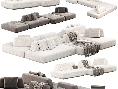 Modern Stylish Sectional Sofa Designs With White Gray Upholstered Cushions And Throw Blankets 3d model