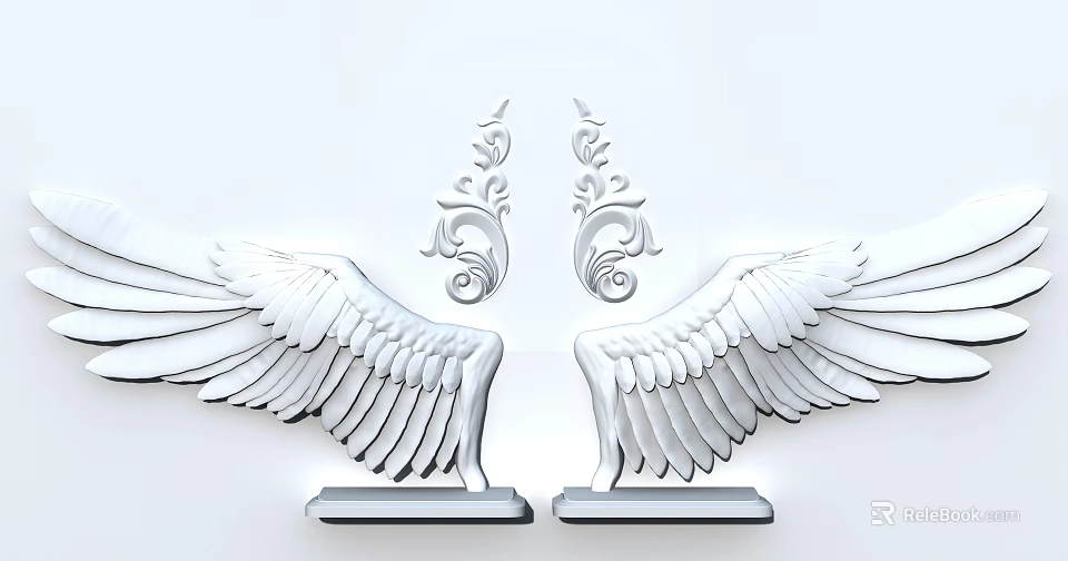 Artistic Carved Wing Decorations With Intricate Scroll Patterns And Base Supports 3d model 