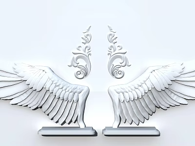 Artistic Carved Wing Decorations With Intricate Scroll Patterns And Base Supports 3d model