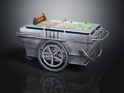 Vintage Metal Cart With Large Wheels And Industrial Tools On Top 3d model