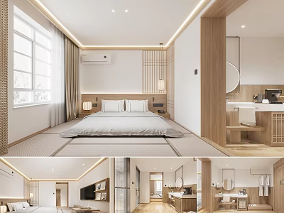 Modern Hotel Guest Room Interior Design With Large Bed Wooden Decor And Natural Light 3d model