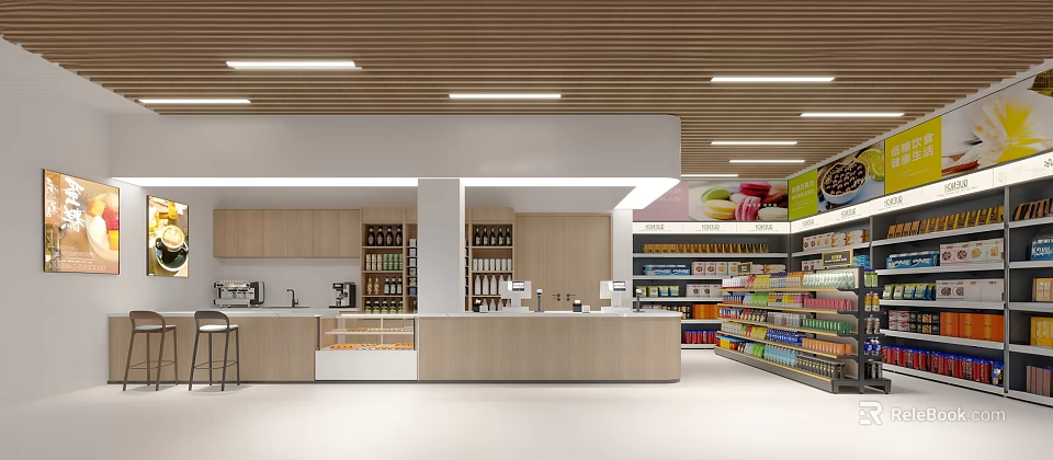 Modern Shopping Mall Store Interior With Wooden Shelves Checkout Counter And Various Products 3d model 