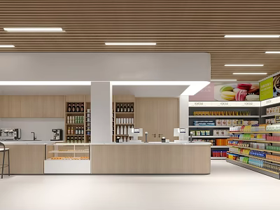 Modern Shopping Mall Store Interior With Wooden Shelves Checkout Counter And Various Products 3d model