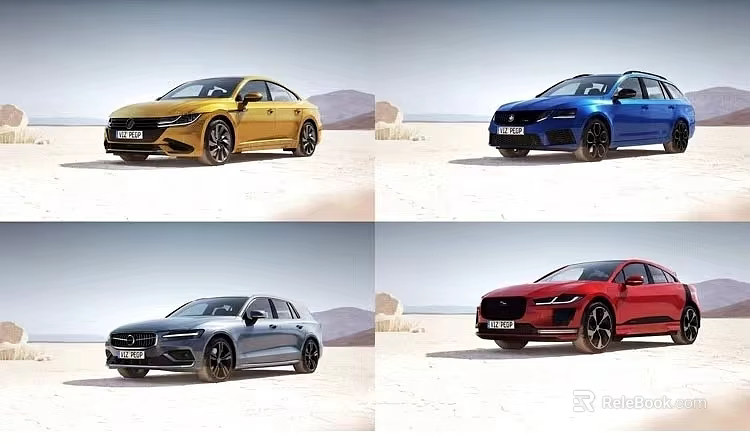 Four Modern Cars In Yellow Blue Silver Red Colors Parked On Desert Sandy Terrain 3d model 
