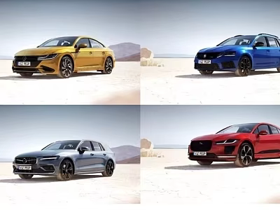 Four Modern Cars In Yellow Blue Silver Red Colors Parked On Desert Sandy Terrain 3d model