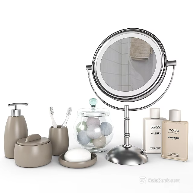 Bathroom Daily Essentials Including Metal Mirror Soap Dispenser Toothbrushes Lotion Bottles and Glass Jar 3d model 