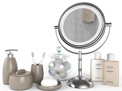 Bathroom Daily Essentials Including Metal Mirror Soap Dispenser Toothbrushes Lotion Bottles and Glass Jar 3d model