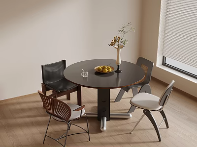 Black Round Dining Table Set With Four Various Design Chairs Vase Fruit Bowl Wooden Floor 3d model