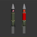 Two Green And Red Military Missiles With American North Korean Flags Displayed On White Bases