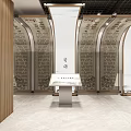 Elegant Exhibition Hall Featuring Traditional Statue And Calligraphy On Wooden Walls