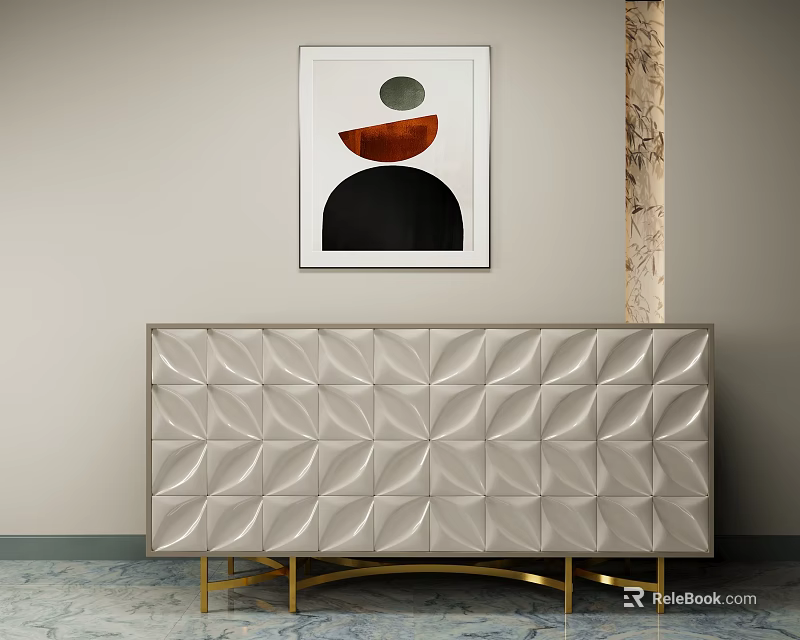 Elegant Modern TV Stand With Geometric Pattern Surface Golden Legs And Abstract Wall Art 3d model 