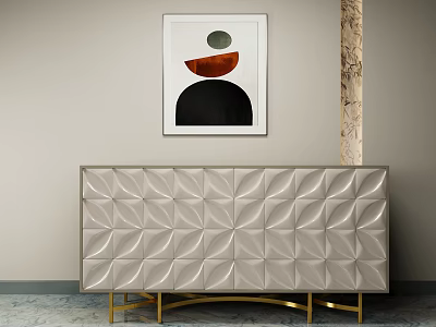 Elegant Modern TV Stand With Geometric Pattern Surface Golden Legs And Abstract Wall Art 3d model