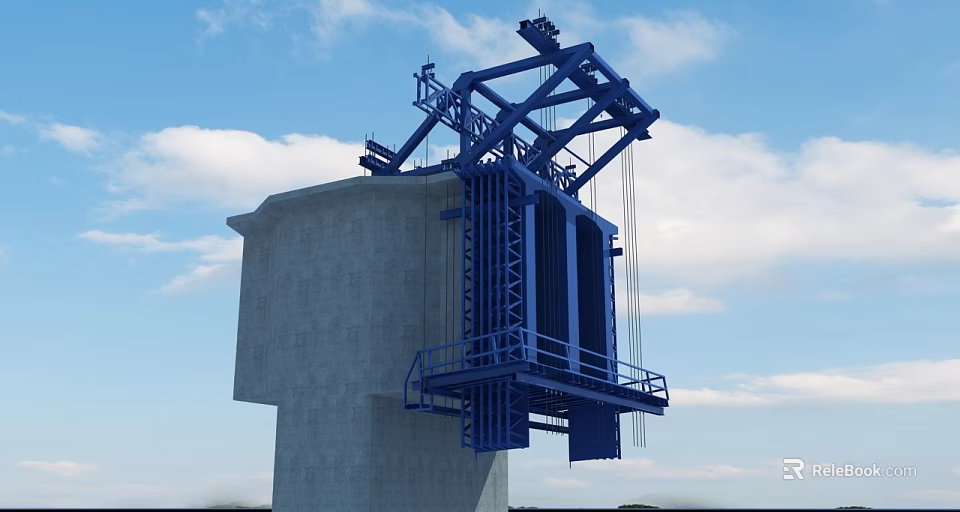 Road Infrastructure Blue Mechanical Structure On Concrete Tower For Bridge Construction 3d model