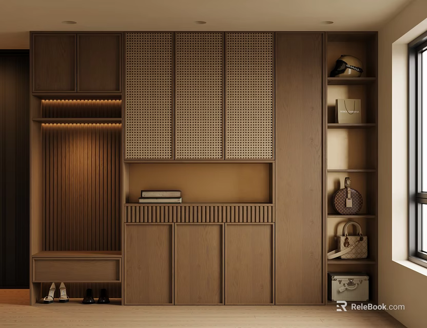 Modern Wooden Shoe Cabinet Interior Design With Storage Shelves Hooks And Bag Holder Near Window 3d model 